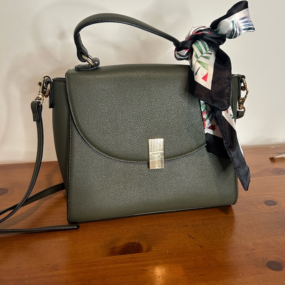Aldo- Elegant Olive Green Handbag with Scarf Accent